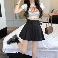 Summer Spring Girl Women White Black Pink High Waist Belt Pleated Skirt - Thumbnail 6
