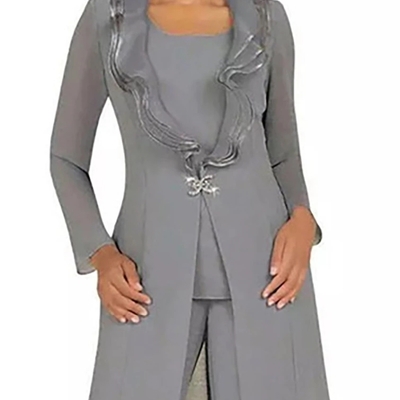 3 pcs mother of the bride pant suits with long jacket gray chiffon custom made women wedding guest dresses evening outfits