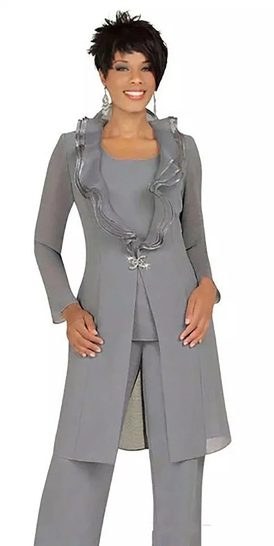 3 Pcs Mother of the Bride Pant Suits with Long Jacket Gray Chiffon Custom Made Women Wedding Guest Dresses Evening Outfits