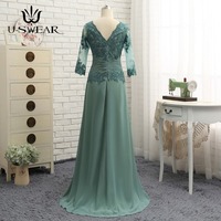 Long Mother of The Bride Dresses A-line V-neck Chiffon Lace Wedding Party Dress Mother Dresses for Wedding Vestido Mae Da Noiva - Thumbnail 3