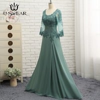 Long Mother of The Bride Dresses A-line V-neck Chiffon Lace Wedding Party Dress Mother Dresses for Wedding Vestido Mae Da Noiva - Thumbnail 4