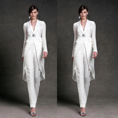 White mother of the bride dresses sheath v-neck floor length with jacket pants suit long groom mother dresses for weddings