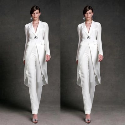 White Mother Of The Bride Dresses Sheath V-neck Floor Length With Jacket Pants Suit Long Groom Mother Dresses For Weddings