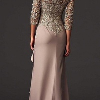  Brown Mother Of The Bride Dresses O-Neck 3/4 Sleeves Pleat Chiffon Appliqued Lace Formal Party Groom Mother Evening Gowns - Thumbnail 1