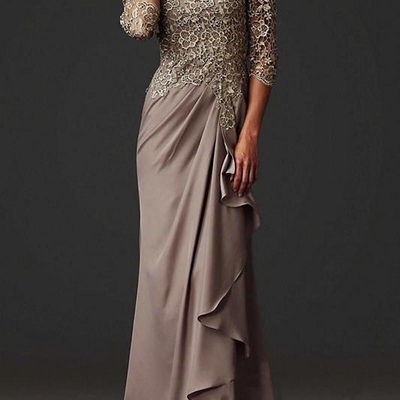  brown mother of the bride dresses o-neck 3/4 sleeves pleat chiffon appliqued lace formal party groom mother evening gowns