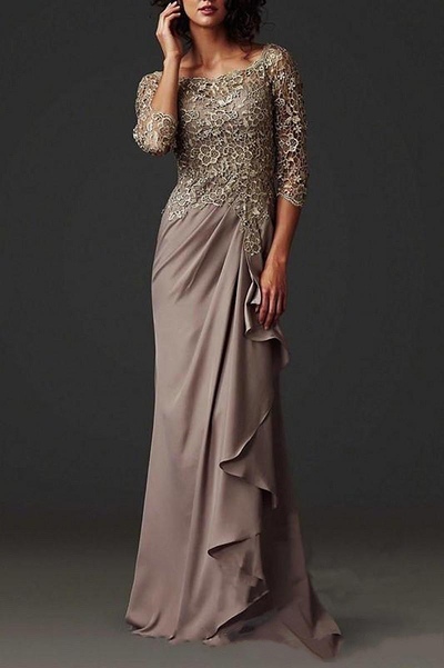  Brown Mother Of The Bride Dresses O-Neck 3/4 Sleeves Pleat Chiffon Appliqued Lace Formal Party Groom Mother Evening Gowns