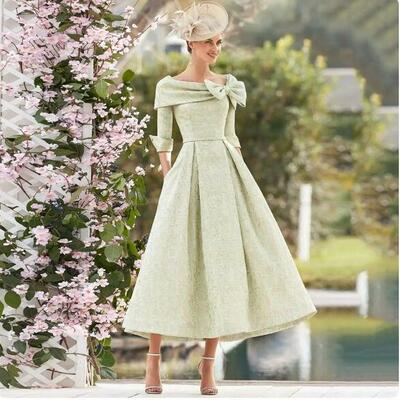 Elegant sage mother of the bride dress tea length bateau neck with bow three quarter sleeves evening party gowns mother of groom