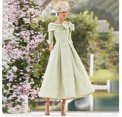 Elegant Sage Mother of the Bride Dress Tea Length Bateau Neck With Bow Three Quarter Sleeves Evening Party Gowns Mother of Groom