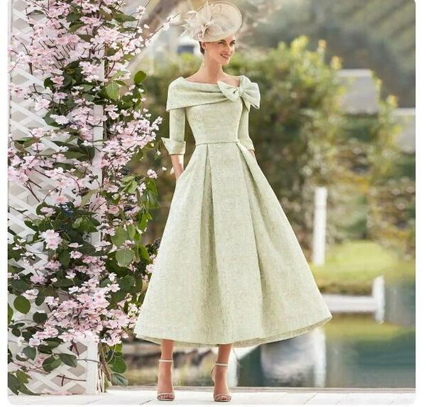 Elegant Sage Mother of the Bride Dress Tea Length Bateau Neck With Bow Three Quarter Sleeves Evening Party Gowns Mother of Groom