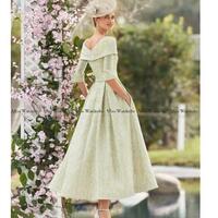 Elegant Sage Mother of the Bride Dress Tea Length Bateau Neck With Bow Three Quarter Sleeves Evening Party Gowns Mother of Groom - Thumbnail 1