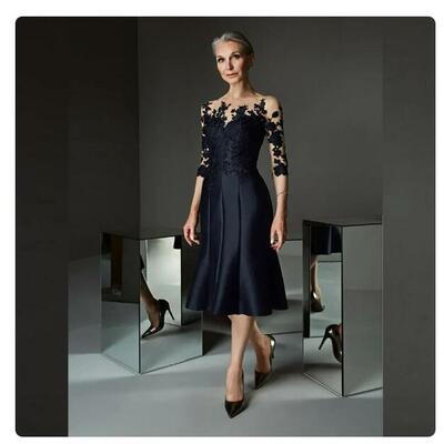Gorgeous prussian blue knee length mother of the bride dresses lace with three quarter sleeves applique wedding party gowns