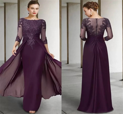 Duricve Purple Mother Bride Dress Jewelry Sequin Applique Long Sleeve Front Side Pull Pleats Design Evening Dress