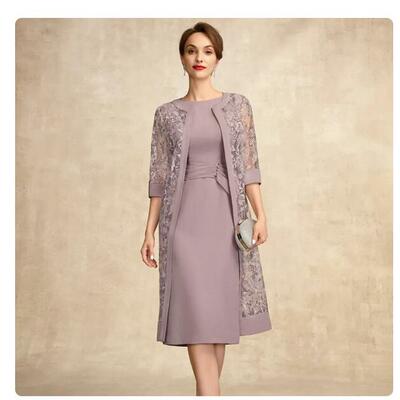 O-neck a-line mother of the bride dresses with lace jacket pleat beading tea-length mother formal wedding guest gown