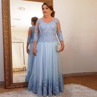 Plus size mother of the bride dress for wedding party light blue lace tulle 3/4 long sleeve ladies formal evening prom gowns