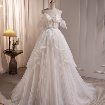 Cute v-neck tulle beaded long prom dress, ivory evening dress - Thumbnail 1