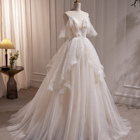 Cute V-Neck Tulle Beaded Long Prom Dress, Ivory Evening Dress - Thumbnail 1