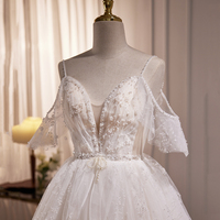 Cute V-Neck Tulle Beaded Long Prom Dress, Ivory Evening Dress - Thumbnail 3