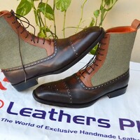 Custom Handmade Men Ankle High Black Brown and Tweed Contrast Dress Boot - Thumbnail 1