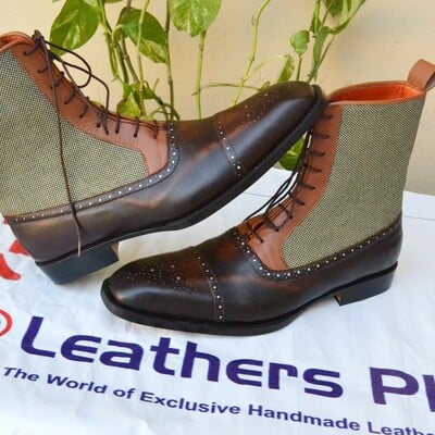 Custom handmade men ankle high black brown and tweed contrast dress boot - Thumbnail 4