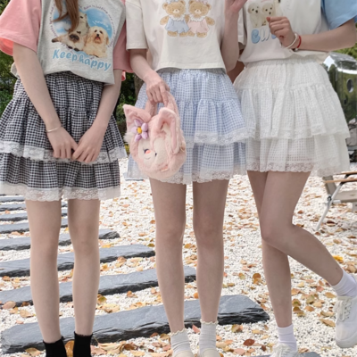 Cute coquette girl black white blue plaid pattern comfy ballet japanese mini short gathered skirt