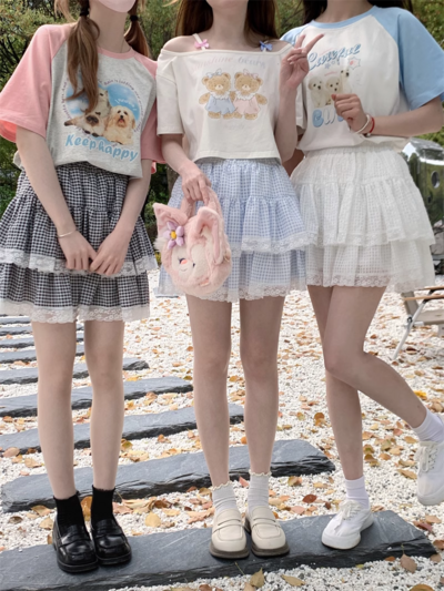 Cute Coquette Girl Black White Blue Plaid Pattern Comfy Ballet Japanese Mini Short Gathered Skirt