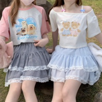 Cute Coquette Girl Black White Blue Plaid Pattern Comfy Ballet Japanese Mini Short Gathered Skirt - Thumbnail 3