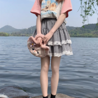 Cute Coquette Girl Black White Blue Plaid Pattern Comfy Ballet Japanese Mini Short Gathered Skirt - Thumbnail 4