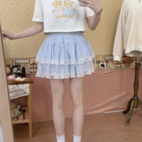 Cute Coquette Girl Black White Blue Plaid Pattern Comfy Ballet Japanese Mini Short Gathered Skirt - Thumbnail 5