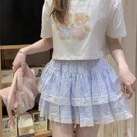 Cute Coquette Girl Black White Blue Plaid Pattern Comfy Ballet Japanese Mini Short Gathered Skirt - Thumbnail 8