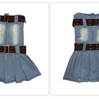 Y2K Denim Jeans Pleated Skirt Dress with Brown Belts Sexy Punk Rock Girl Summer - Thumbnail 8