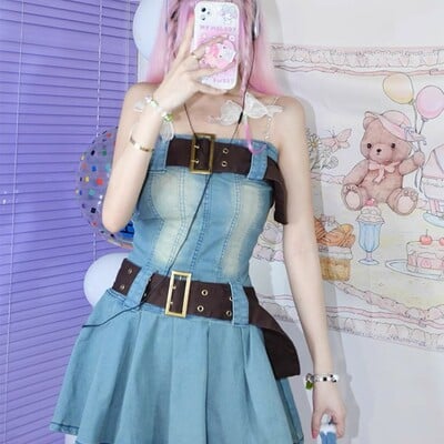 Y2k denim jeans pleated skirt dress with brown belts sexy punk rock girl summer