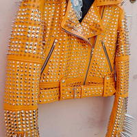 New Women's Punk Rock Full Long Spiked Studded Brando Rusty Leather Jacket  - Thumbnail 2