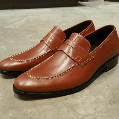 Men's brown leather penny loafer slips on moccasin dress shoes handmade edition  - Thumbnail 1