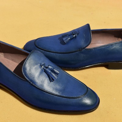 Luxury men's hand stitch blue shoes, tassels loafer leather formal shoes