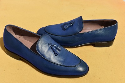 Luxury Men's Hand Stitch Blue Shoes, Tassels Loafer Leather Formal Shoes