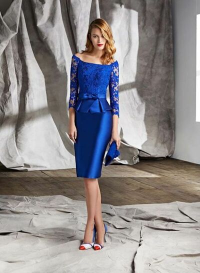 Royal Blue 3/4 Long Sleeve Lace Tea-length Mother Of The Bride /Groom Dress