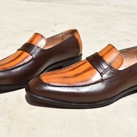 Men's Handmade Two Tone Moccasin Style Genuine Leather Formal Shoes - Thumbnail 1