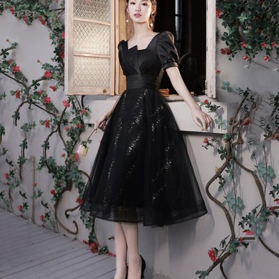 Black satin tulle short prom dress, cute short sleeve party dress - Thumbnail 1