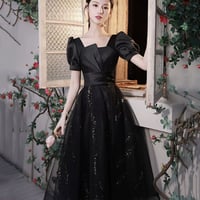 Black Satin Tulle Short Prom Dress, Cute Short Sleeve Party Dress - Thumbnail 1