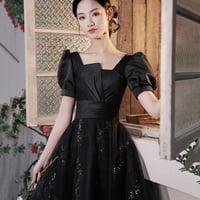 Black Satin Tulle Short Prom Dress, Cute Short Sleeve Party Dress - Thumbnail 3