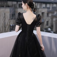 Black Satin Tulle Short Prom Dress, Cute Short Sleeve Party Dress - Thumbnail 2