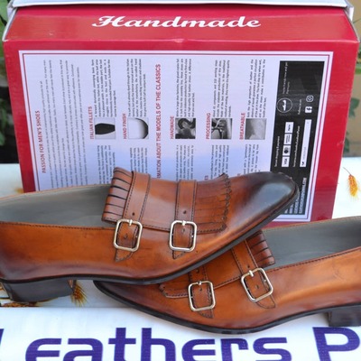 Crafted Leather Brown Double Monk Strap Fringes Style Loafers Shoes