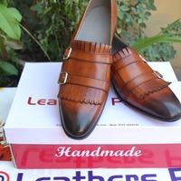 Crafted Leather Brown Double Monk Strap Fringes Style Loafers Shoes - Thumbnail 1