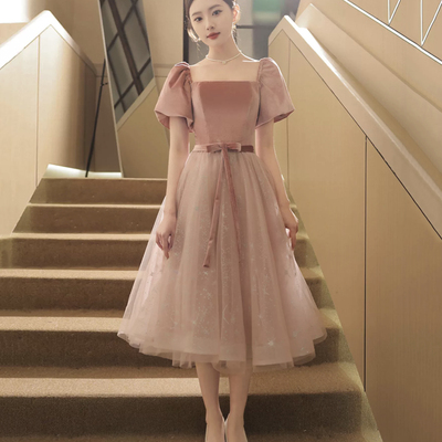 Pink velvet tulle short prom dress, cute a-line homecoming dress - Thumbnail 1