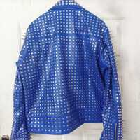 New Men's Punk Blue Silver Long Spiked Studded Brando Biker Leather Jacket - Thumbnail 3