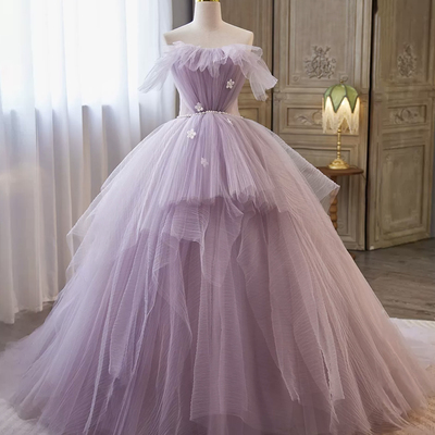 Purple tulle long ball gown, purple off shoulder evening party dress - Thumbnail 2