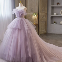Purple Tulle Long Ball Gown, Purple Off Shoulder Evening Party Dress - Thumbnail 1