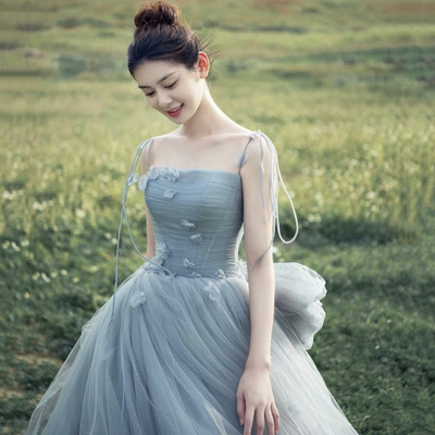 Gray blue spaghetti strap tulle long ball gown - Thumbnail 1