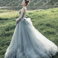 Gray Blue Spaghetti Strap Tulle Long Ball Gown - Thumbnail 2