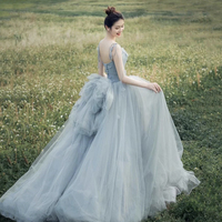 Gray Blue Spaghetti Strap Tulle Long Ball Gown - Thumbnail 1